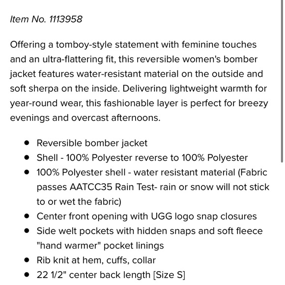 NWOT UGG Eliana Reversible Sherpa Bomber Jacket - Navy/Camel - Picture 10 of 10